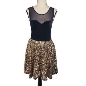 Guess Velvet Sequin Party Dress Size XS Black Gold Mini Glamoratti Indy Sleaze